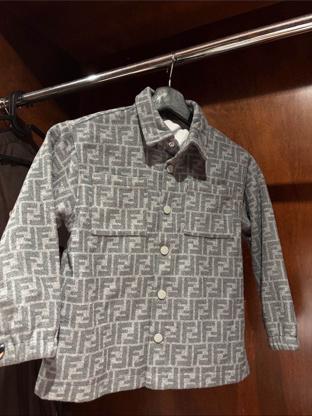 Fendi Gray FF Logo Wool Fabric with Silver-Tone Buttons